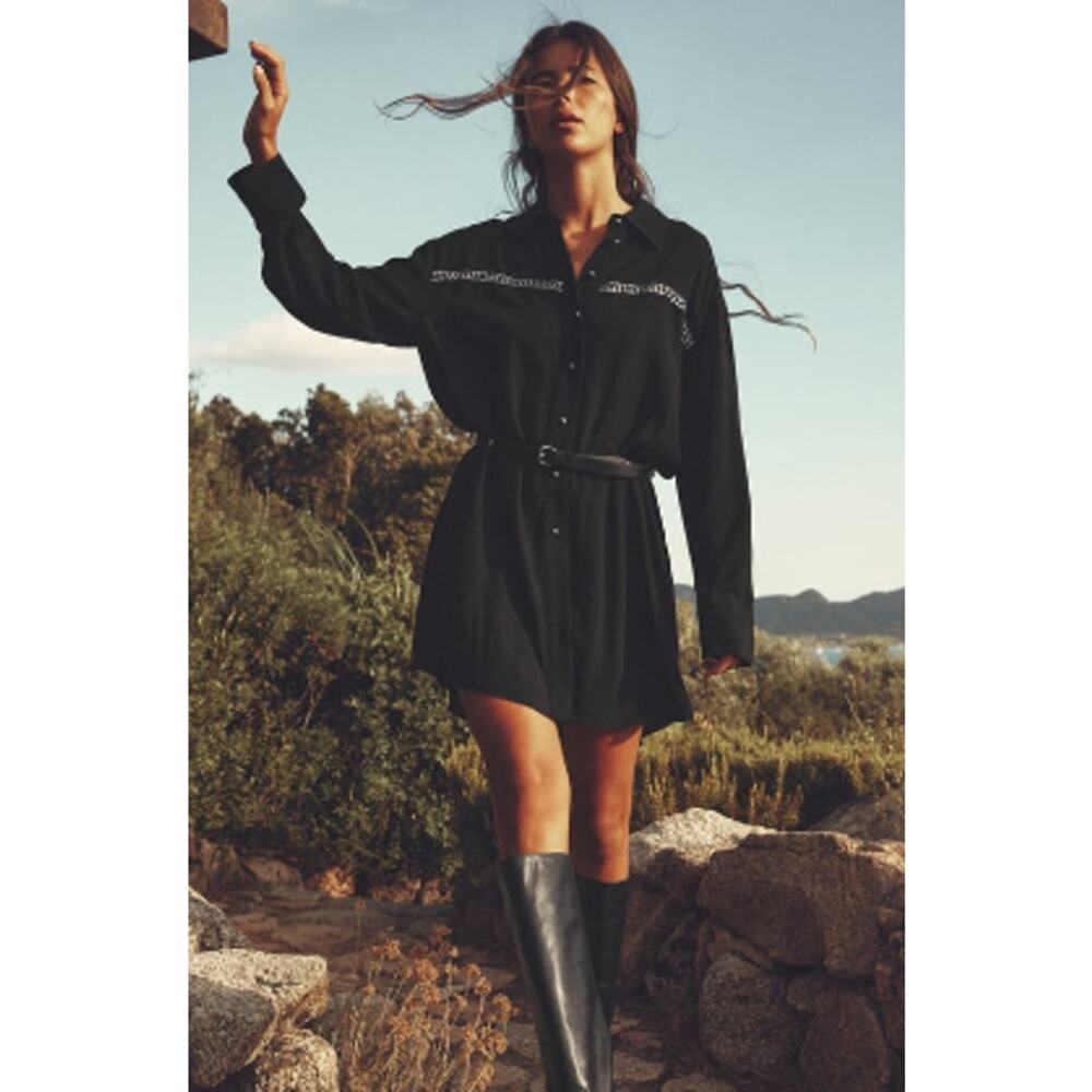 Zara Silver Studded Belted Long Sleeve Black Button Down Shirt Dress Size XS